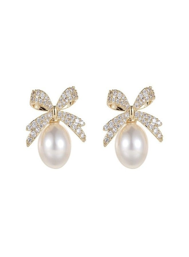 PLwelth Gold Bow Pearl Earrings for Women Sparkle Rhinestone Bow Stud Earrings Cute Bowknot Statement Wedding Earring Hypoallergenic Jewelry Gifts for Her Valentine’s Day Christmas Birthday - Image 1